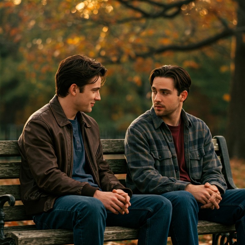 영화 '굿윌 헌팅'의 한 장면처럼 벤치에 앉아 조용히 이야기를 나누는 두 사람의 모습. 따뜻하고 진솔한 분위기가 느껴진다