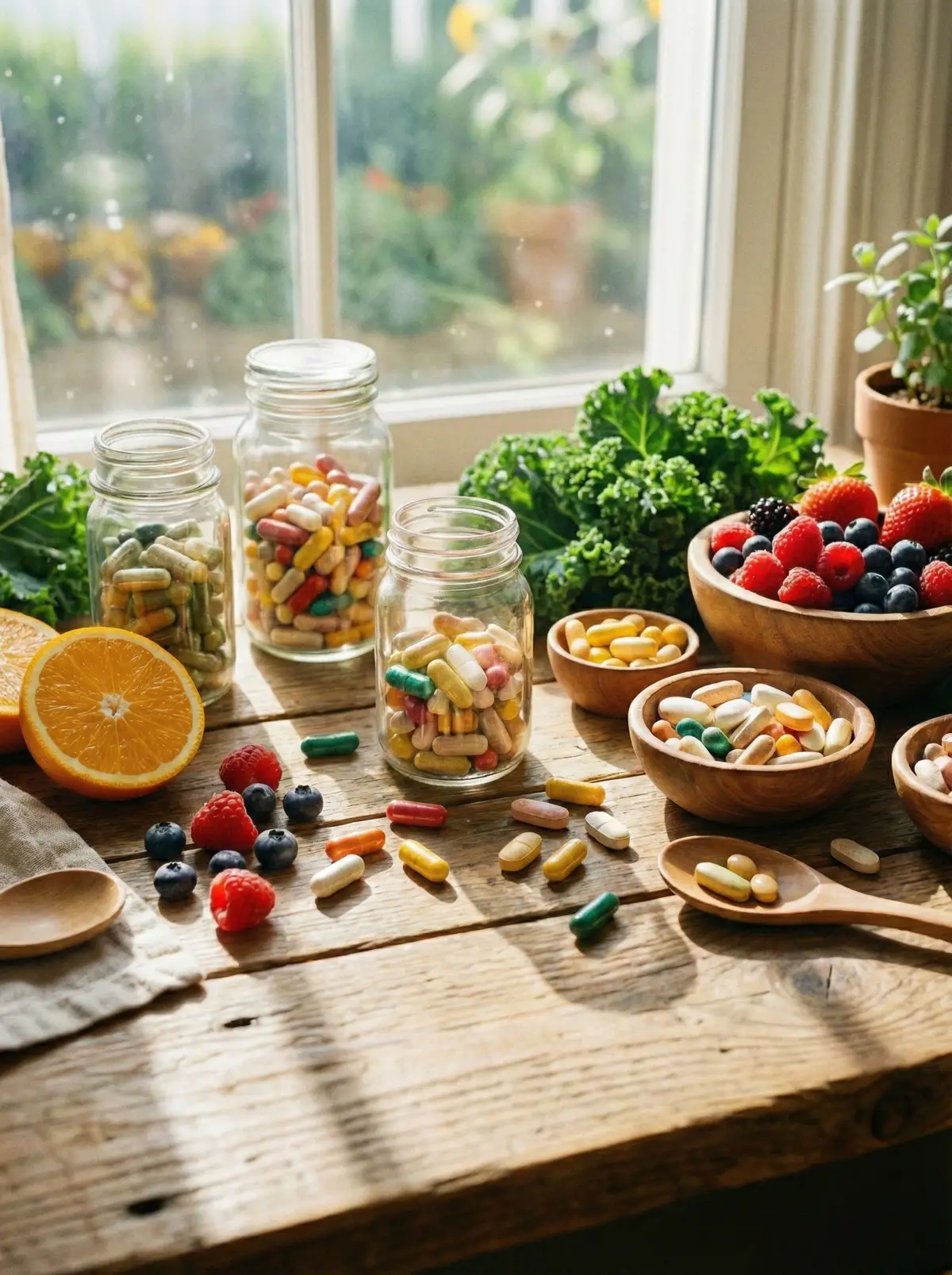 다양한 영양제와 건강한 식재료가 어우러진 활기찬 이미지