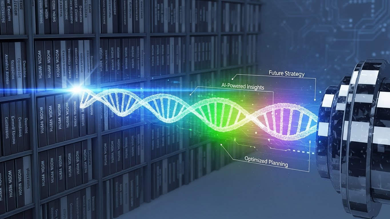 인간의 오랜 지혜와 AI의 처리 능력이 결합되어 새로운 미래 전략이 탄생하는 과정을 시각화한 그래픽