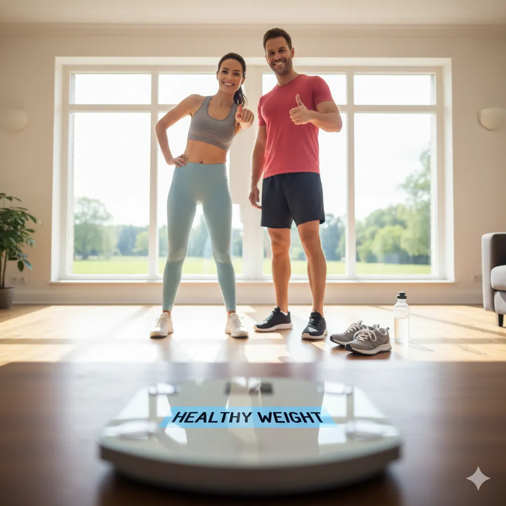 가벼운 운동복 차림으로 웃으며 활기차게 생활하는 남녀의 모습입니다. 체중계나 'Healthy Weight' 같은 긍정적인 메시지가 간접적으로 포함되어 건강한 체중 유지의 중요성을 전달합니다.