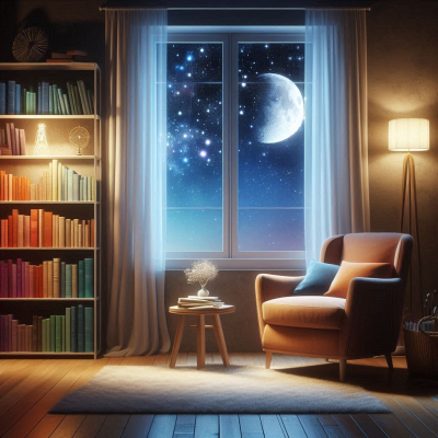 우주와 별들이 배경으로 보이는 창문과 책장이 있는 방