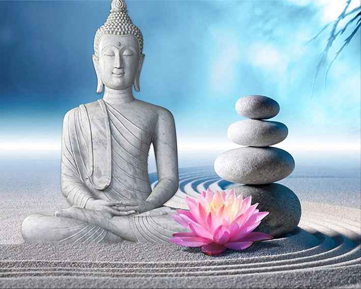 부처상과 연꽃, 돌탑이 어우러진 명상적 분위기의 이미지. 화두 수행과 간화선의 고요함을 상징합니다.