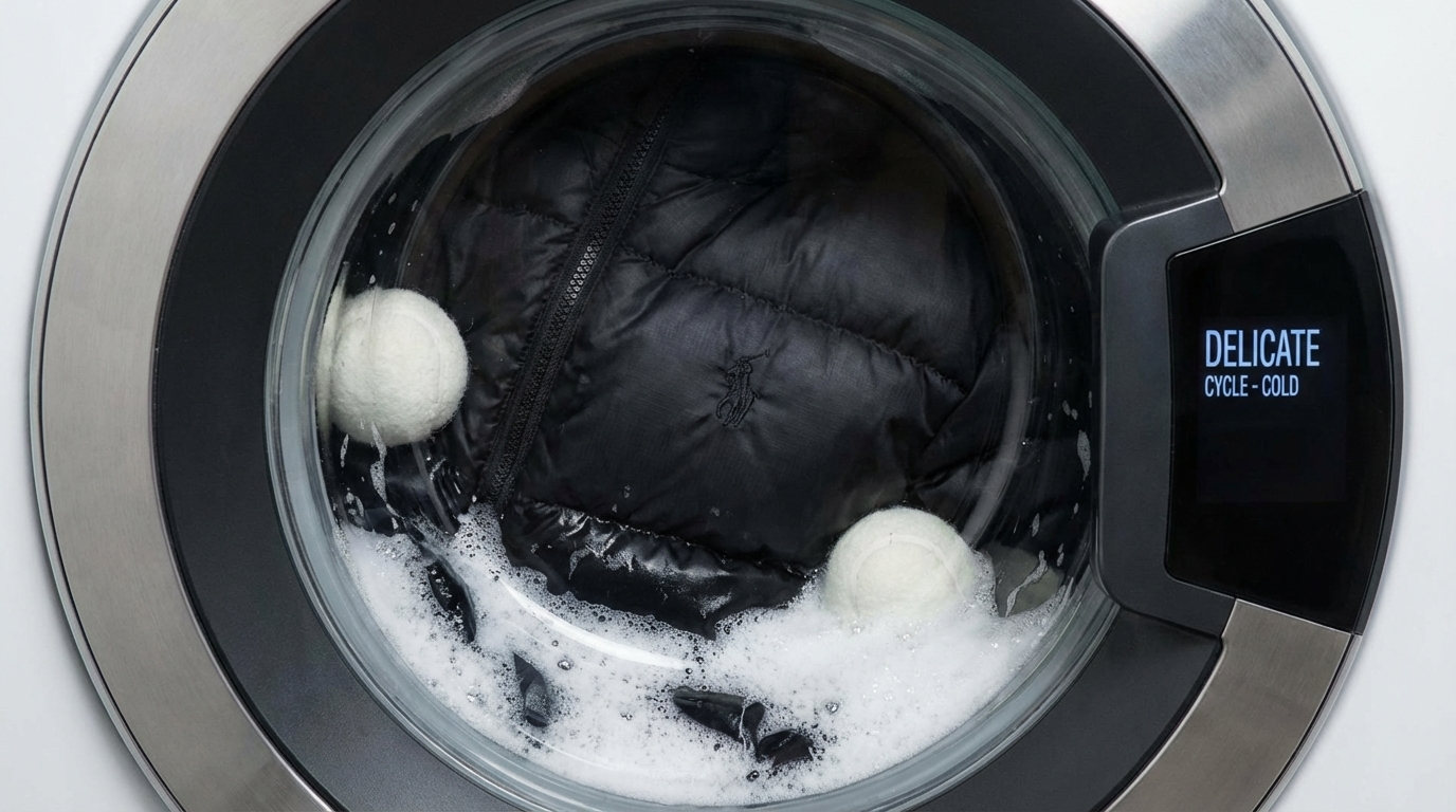 드럼 세탁기 안에서 안전하게 세탁 중인 검은색 프리미엄 패딩의 모습.