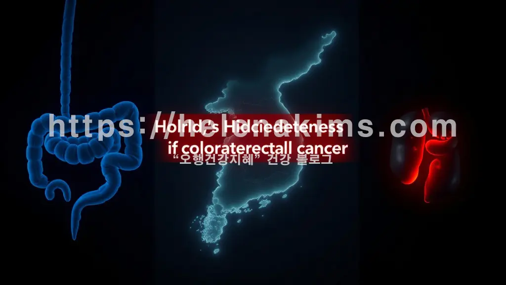 대한민국 지도가 보이고, 그 위에 **'대장암 발병률 세계 1위'**라는 영어 문구가 붉은색 경고 메시지로 강조됩니다.