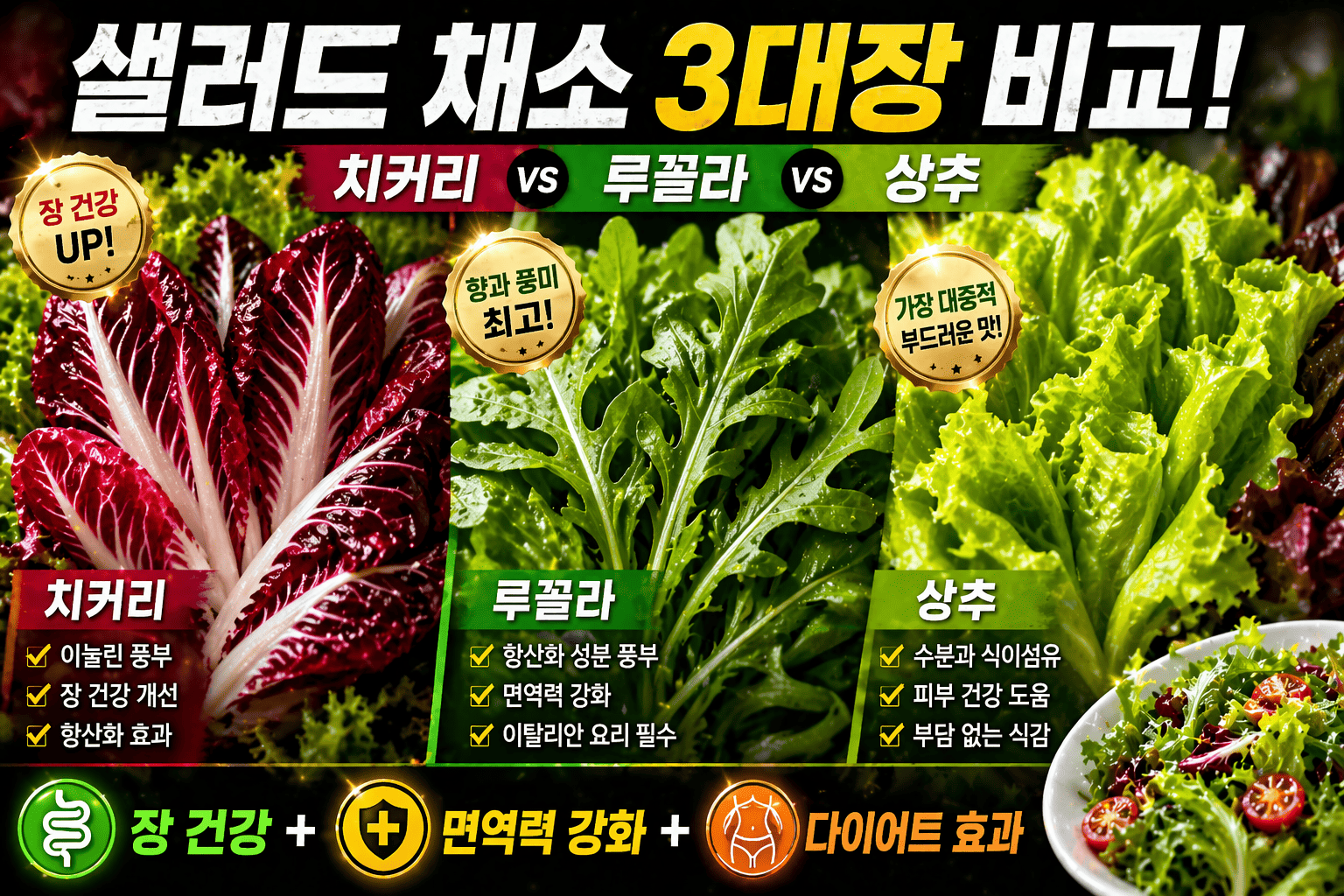 샐러드 채소 비교 (치커리, 루꼴라, 상추)