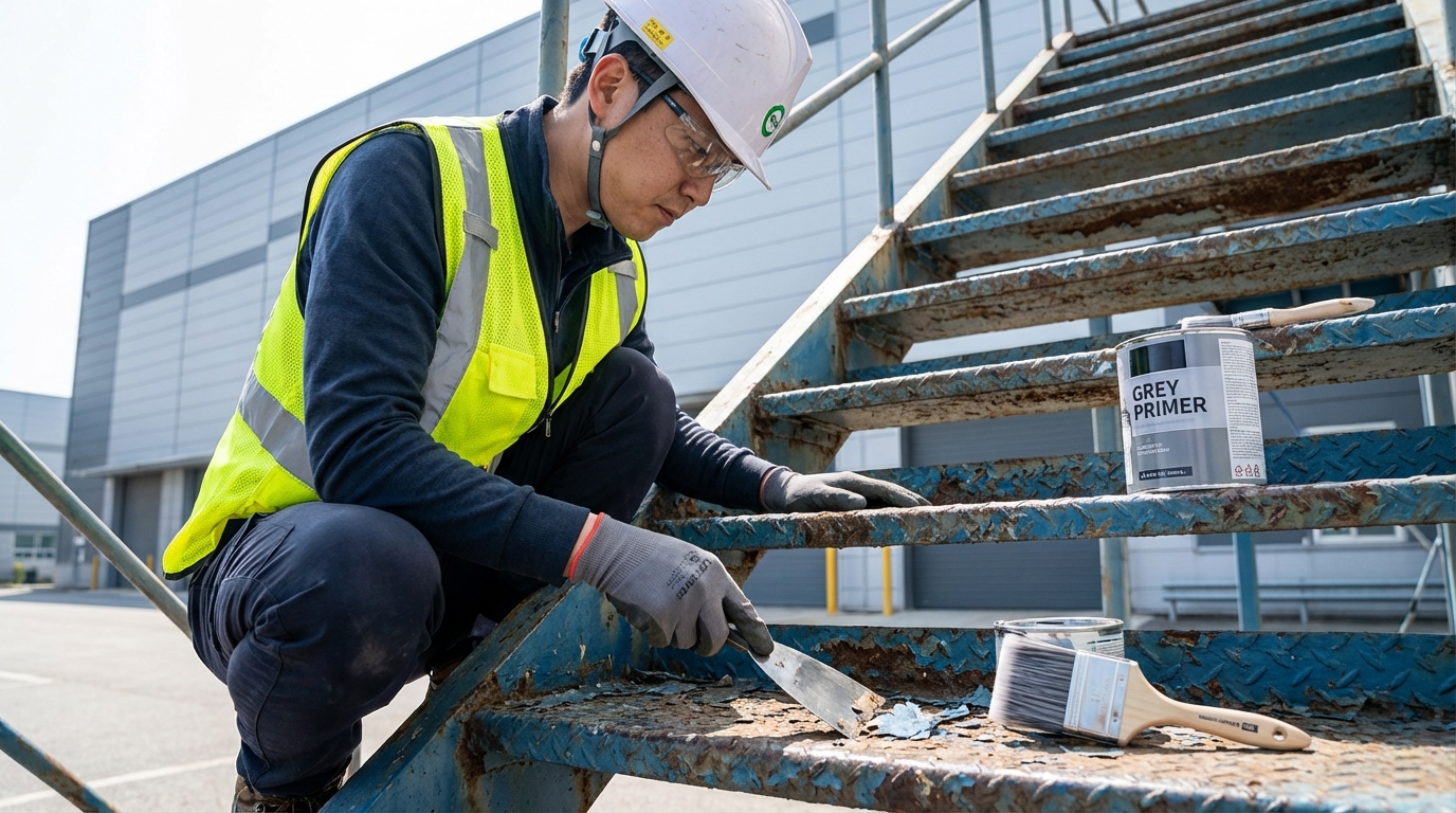 철골 계단의 낡은 페인트를 스크래퍼로 긁어내고 회색 방청 프라이머를 붓으로 꼼꼼하게 칠하고 있는 작업