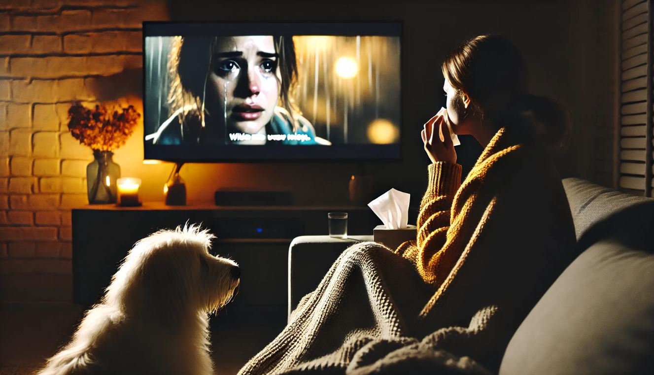 울면서 영화 보는 사람 사진