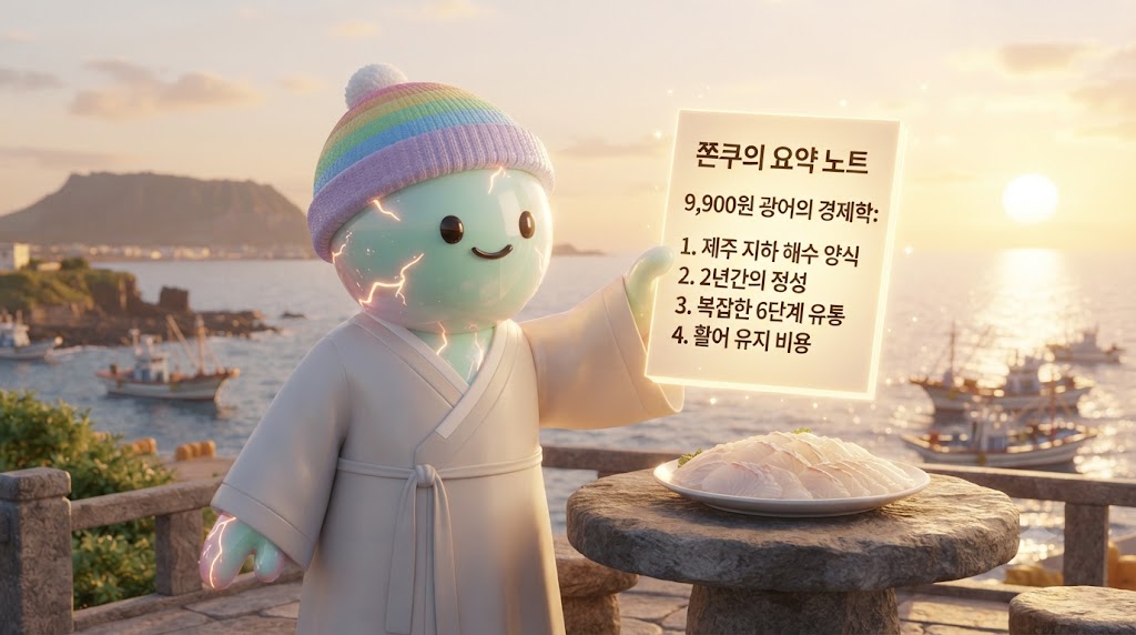쫀쿠가 아름다운 제주의 노을을 배경으로, 지금까지 설명한 경제학 요약본을 들고 멋진 포즈를 취하고 있습니다. 쫀쿠의 뒤로는 싱싱한 광어회 한 접시와 함께 '제주 지하 해수', '1년 반의 양식', '공급 과잉', '6단계 유통', '활어 유통 비용'이라고 적힌 입체적인 키워드 블록들이 조화롭게 떠 있습니다. 쫀쿠가 환하게 웃으며 "싸다고 마냥 좋아할 일이 아니었다!"라고 외칩니다.