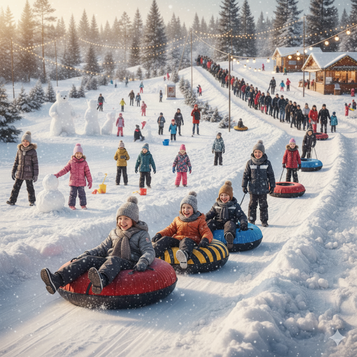 튜브 썰매를 타는 아이들과 눈놀이장의 활기찬 모습