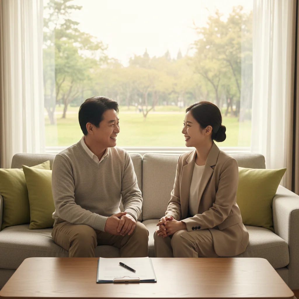 2026년부터 인상되는 장애인연금 혜택에 대해 상담원과 밝게 대화하는 수급 대상자의 모습