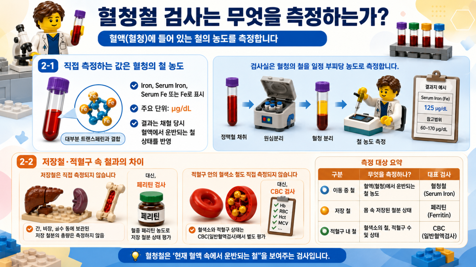 혈청철 검사가 혈청의 철 농도를 측정하는 원리와 저장철, 적혈구 속 철과의 차이를 설명한 레고 스타일 메디컬 인포그래픽