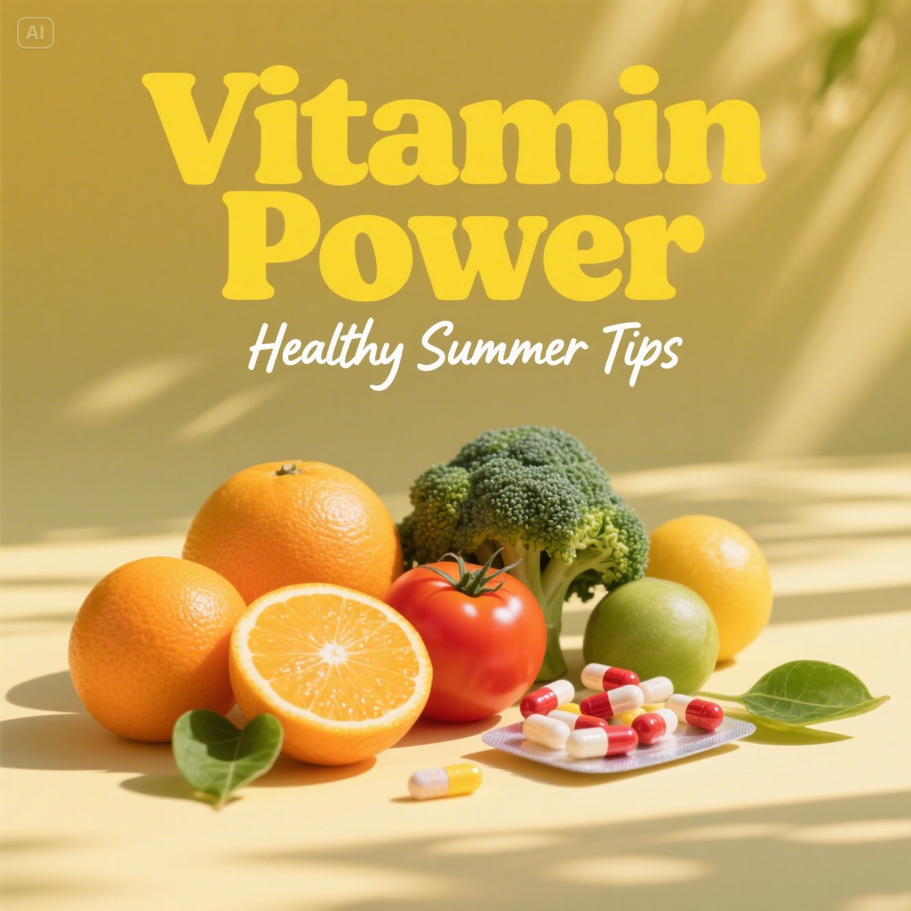여름철 비타민 충전! 상큼한 과일과 비타민 알약이 햇살 아래 놓인 이미지. 맑은 하늘과 건강한 에너지 느낌 강조. ‘비타민 충전’, ‘여름 건강관리’ 문구