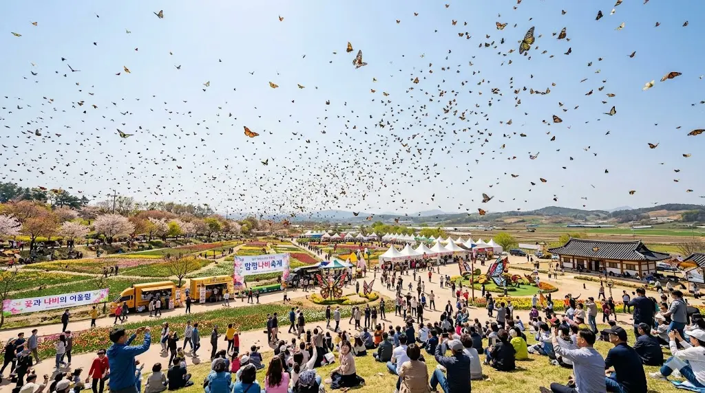 맑은 봄 하늘을 가득 채운 수만 마리의 아름다운 나비떼와 이를 감상하는 함평나비대축제 방문객들의 모습