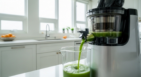 주방에서 야채즙 착즙하는 클로즈업