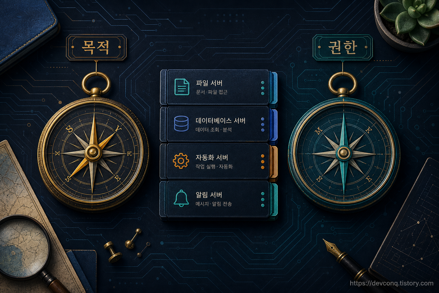 목적과 권한 두 개의 나침반 위에 정돈된 소수의 서버 카드 질감 일러스트