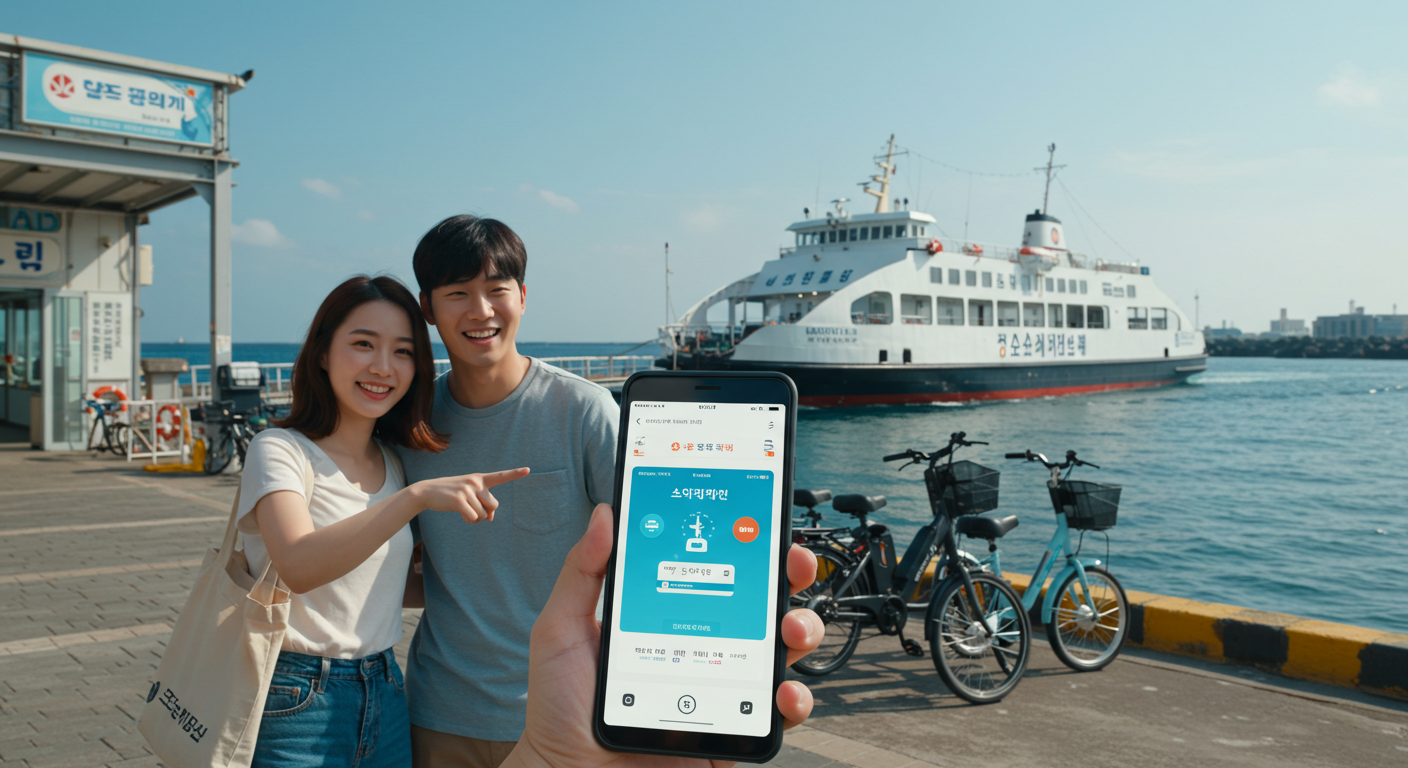 성산항에서 우도행 페리를 기다리는 한국인 커플과 렌트 스쿠터