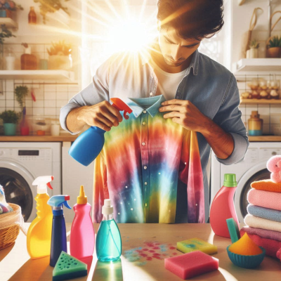 형형색색의 티셔츠에 세제를 바르는 남성의 생생한 모습