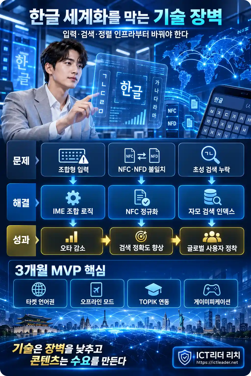한글 세계화의 입력 검색 정렬 기술 장벽과 IME 조합 로직 및 유니코드 정규화 해결책을 설명하는 남성 전문가 인포그래픽