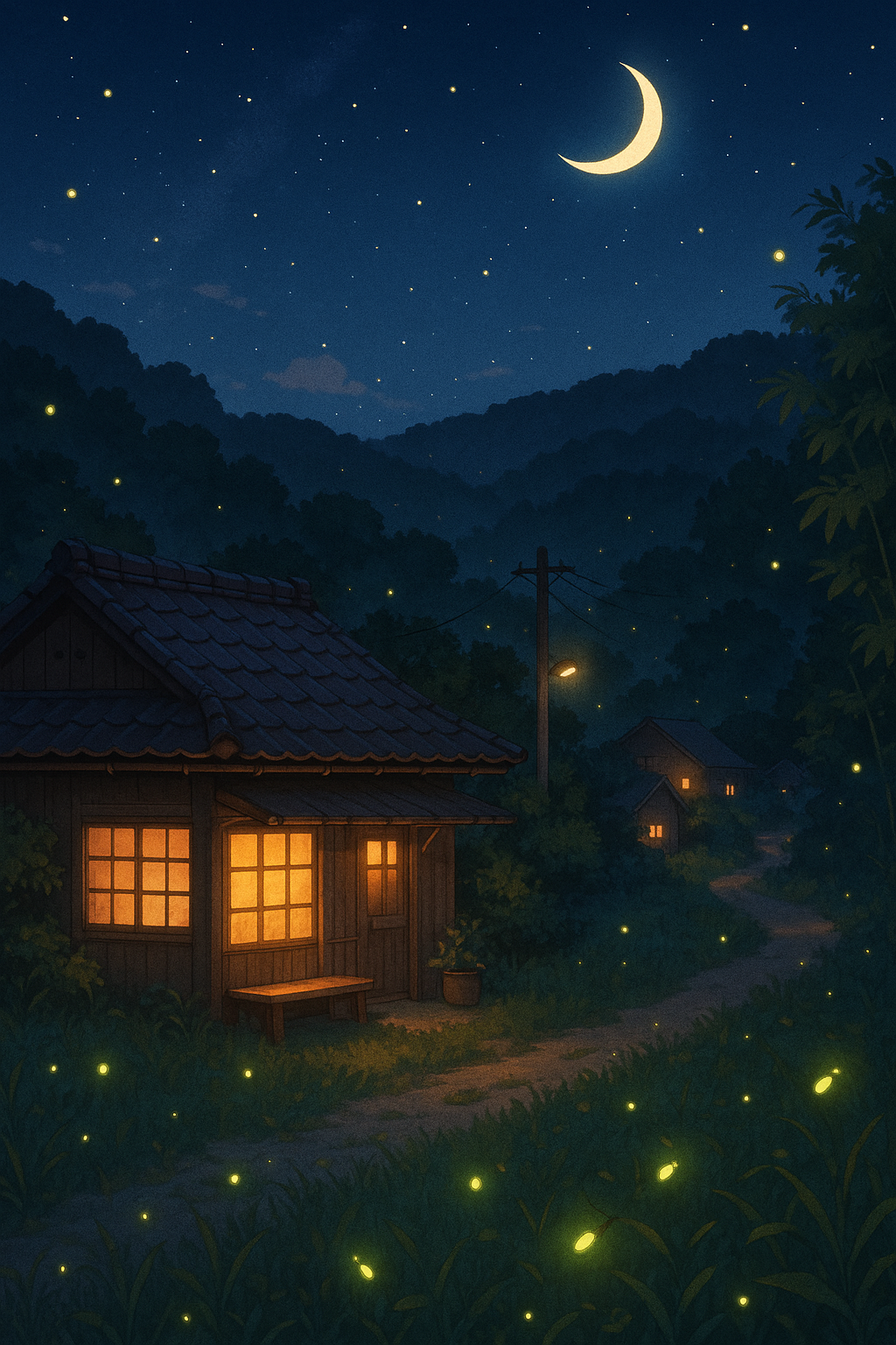 시골 마을의 여름 밤, 반딧불이와 감성 조명, 애니메이션 느낌