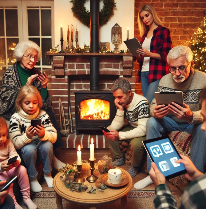 핸드폰을 보고있는 가족