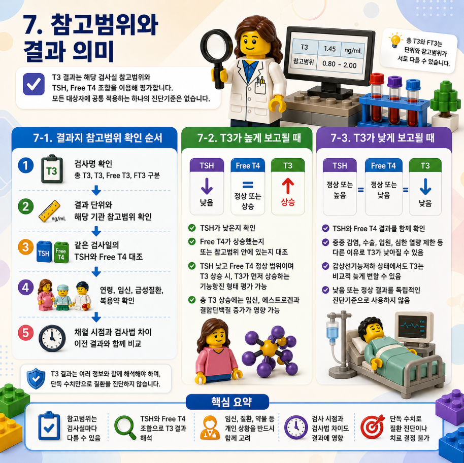 T3 참고범위 확인 순서와 높거나 낮은 결과 해석 방법을 설명하는 레고 스타일 메디컬 인포그래픽