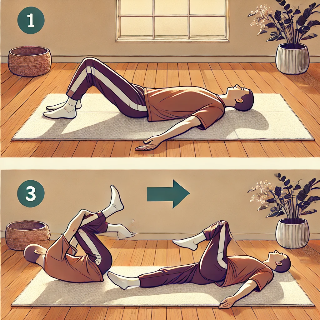 요가 매트 위에서 누워 무릎을 가슴 쪽으로 당기는 스트레칭과, 무릎을 좌우로 넘기며 척추를 이완하는 동작을 단계별로 보여주는 가이드 이미지.
