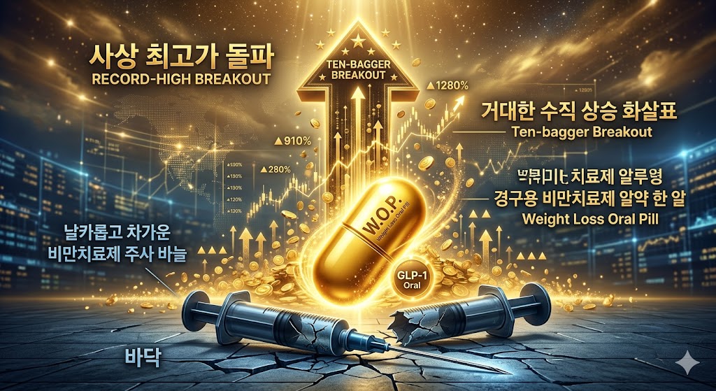 날카롭고 차가운 비만치료제 주사 바늘이 반으로 툭 부러져 바닥에 떨어지는 모습과 대비되어, 황금빛으로 빛나는 경구용 비만치료제 알약 한 알이 화면 중심에서 웅장하게 떠오르며 사상 최고가 돌파를 의미하는 거대한 수직 상승 화살표(Ten-bagger Breakout)로 연결되는 감각적인 3D 그래픽 이미지.