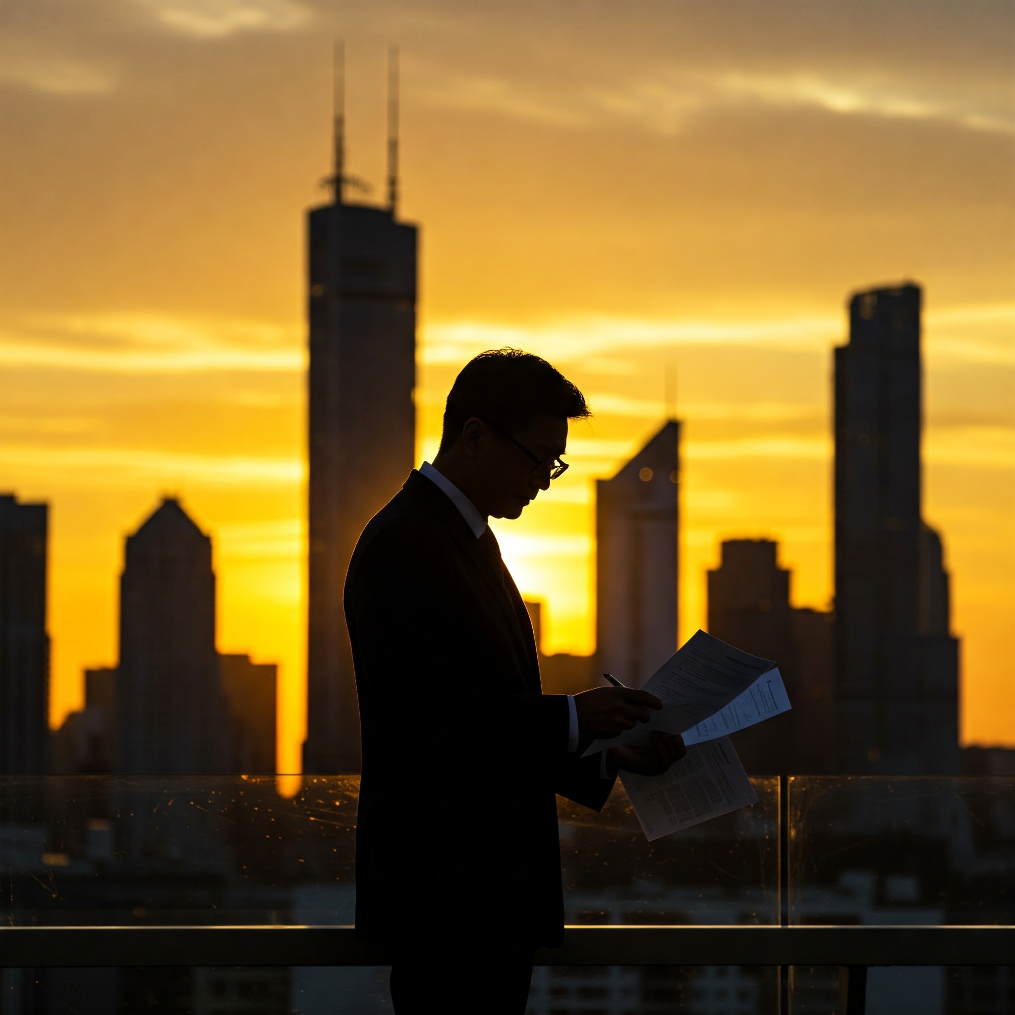 도시 고층 빌딩을 배경으로 서류를 들고 검토하는 사람의 실루엣 이미지