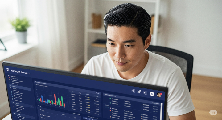 남성이 키워드 리서치 도구 화면을 보며 전략을 세우는 모습