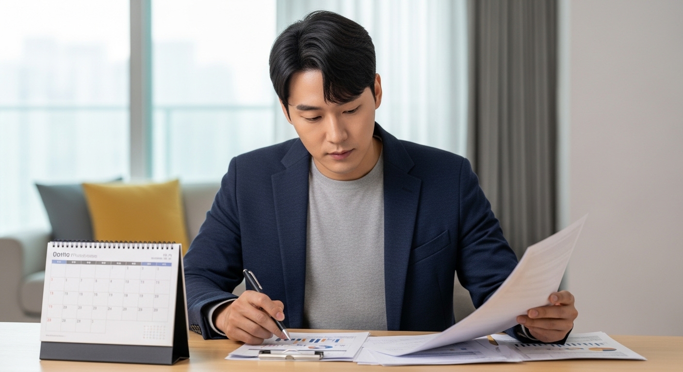 퇴사 후 재취업 준비를 위해 재정 서류와 달력을 꼼꼼히 확인하며 경제 계획을 세우는 30대 한국 남성.