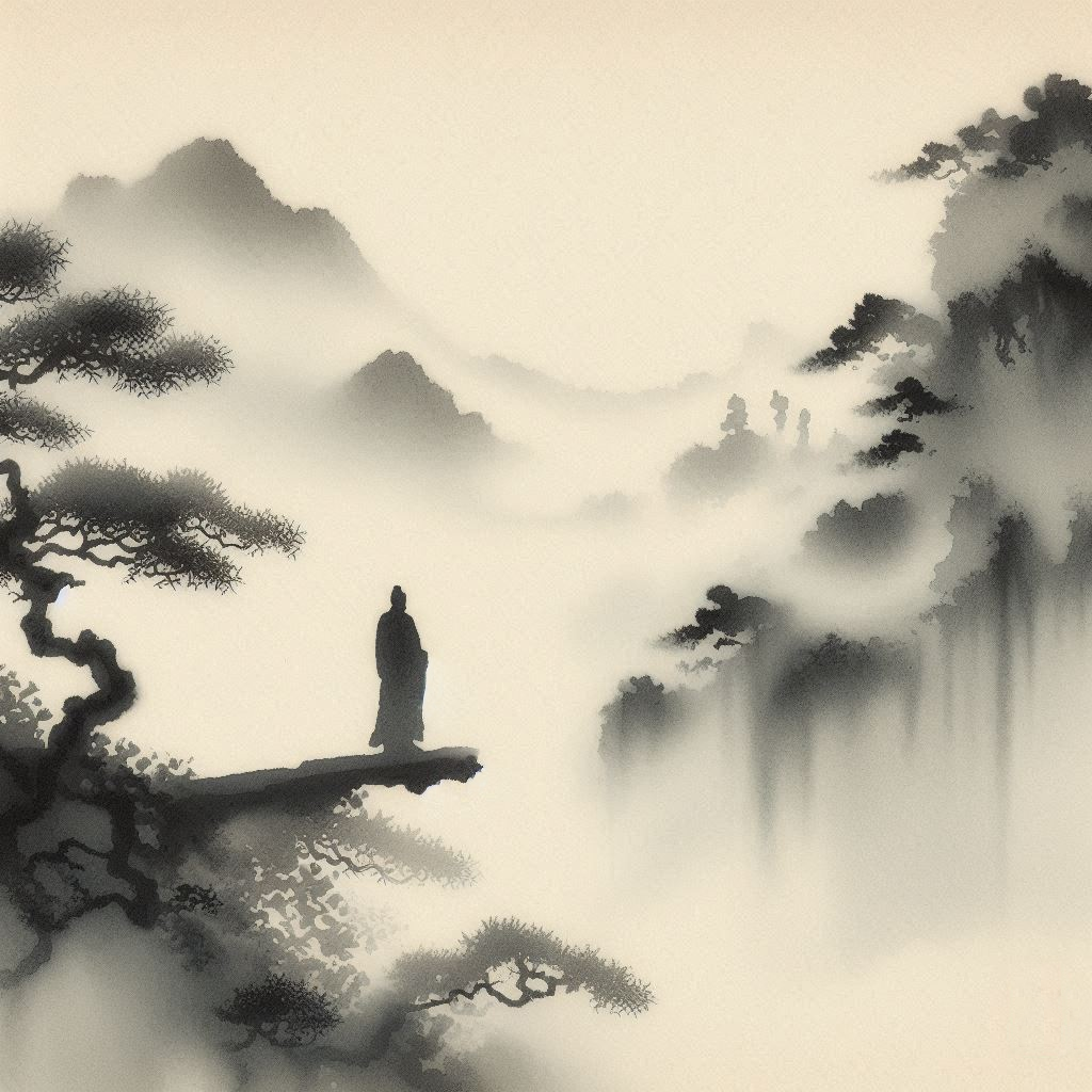 A figure existing calmly and serenely, separate from the bustling world.