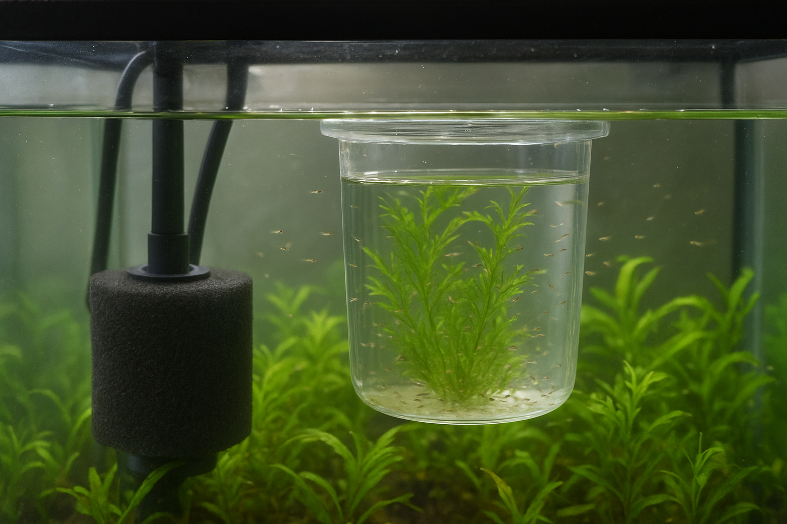 수초로 꾸며진 부화통과 스펀지 여과기, 치어가 보이는 안전한 번식 전용 수조 전경