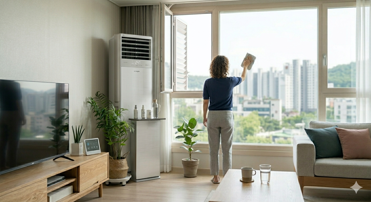 에어컨 냉방 효율을 높이기 위한 실내 환기 및 거실 스탠드 에어컨 관리 장면