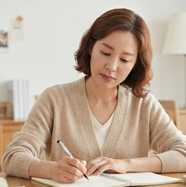 체크리스트를 손으로 짚어보는 엄마의 모습
개