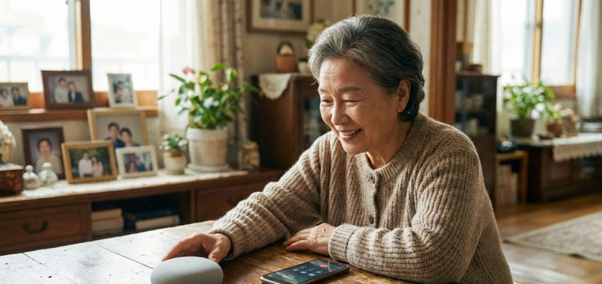 인공지능 스피커나 전화를 보며 인자하게 웃으시는 어르신의 모습