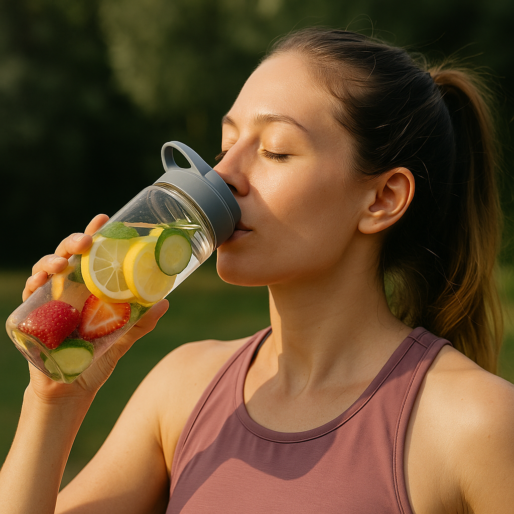 운동복을 입은 여성이 레몬과 딸기가 들어 있는 투명한 물병의 디톡스 워터를 마시는 장면. 야외에서 건강하게 수분을 보충하는 모습