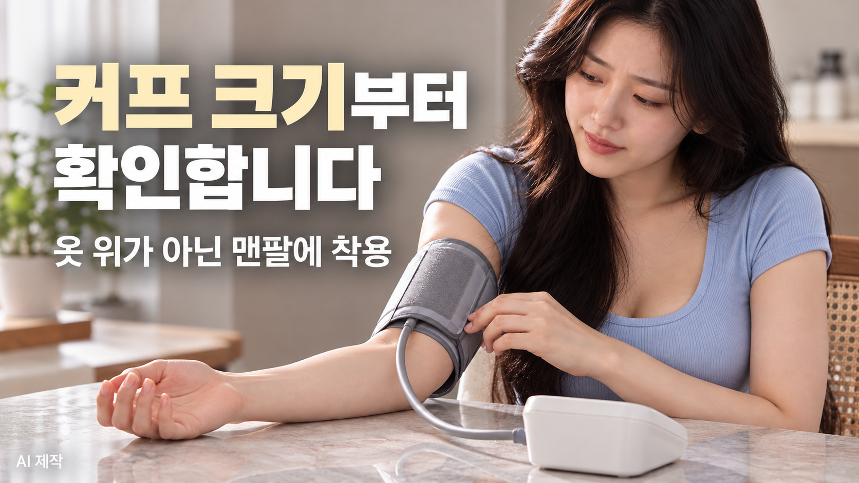 파란색 반소매 상의를 입은 여성이 맨팔에 위팔 혈압계 커프를 착용하는 모습