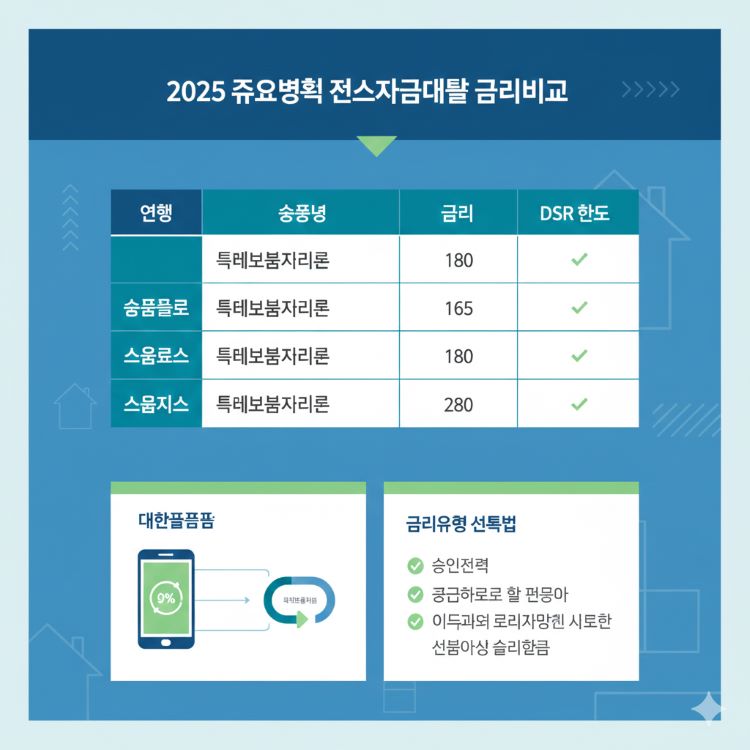 2025 주요은행 전세자금대출 금리비교, 특례보금자리론, DSR 한도&middot;대환플랫폼 인포그래픽 &mdash; 승인전략, 금리유형 선택법 요약 디자인