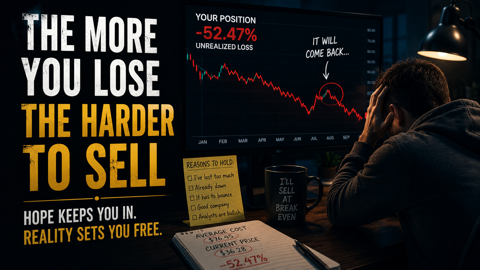 Investor refusing to sell a losing stock because of loss aversion and confirmation bias.