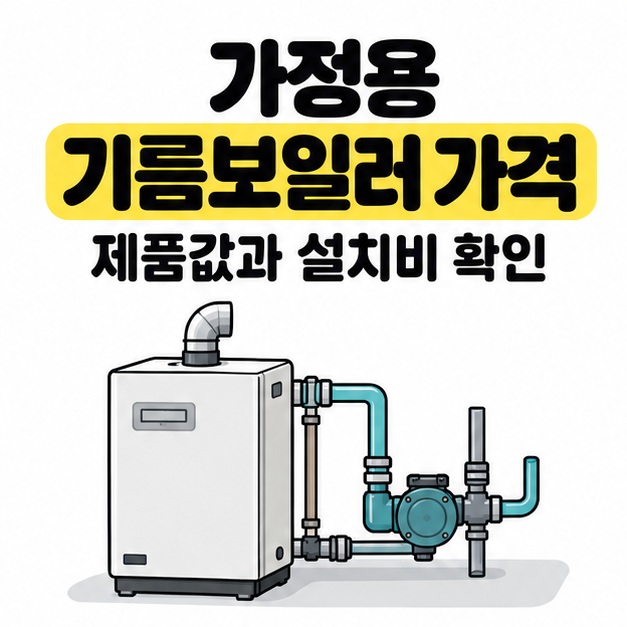 가정용 기름보일러 가격 제목과 제품값과 설치비 확인 문구 아래 보일러 본체와 외부 순환펌프, 연결 배관을 그린 표지
