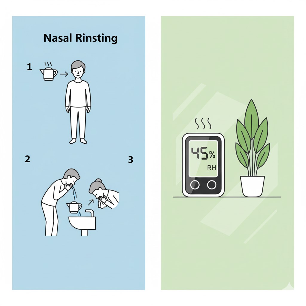 코 세척, 호흡기 건강, 최적 습도, 공기 질, 쾌적한 생활, 교육용 그래픽, 플랫 디자인, 미니멀리스트, 건강 관리, 주거 환경