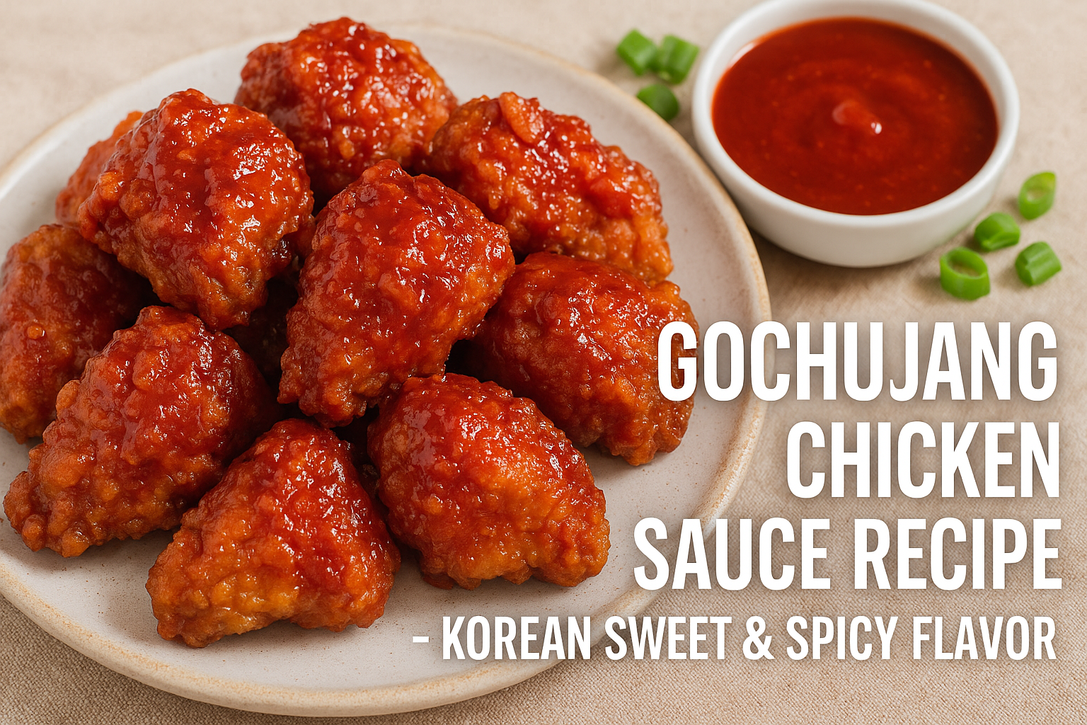 Crispy fried chicken glazed with sweet and spicy Korean gochujang sauce on a ceramic plate, with extra dipping sauce on the side
