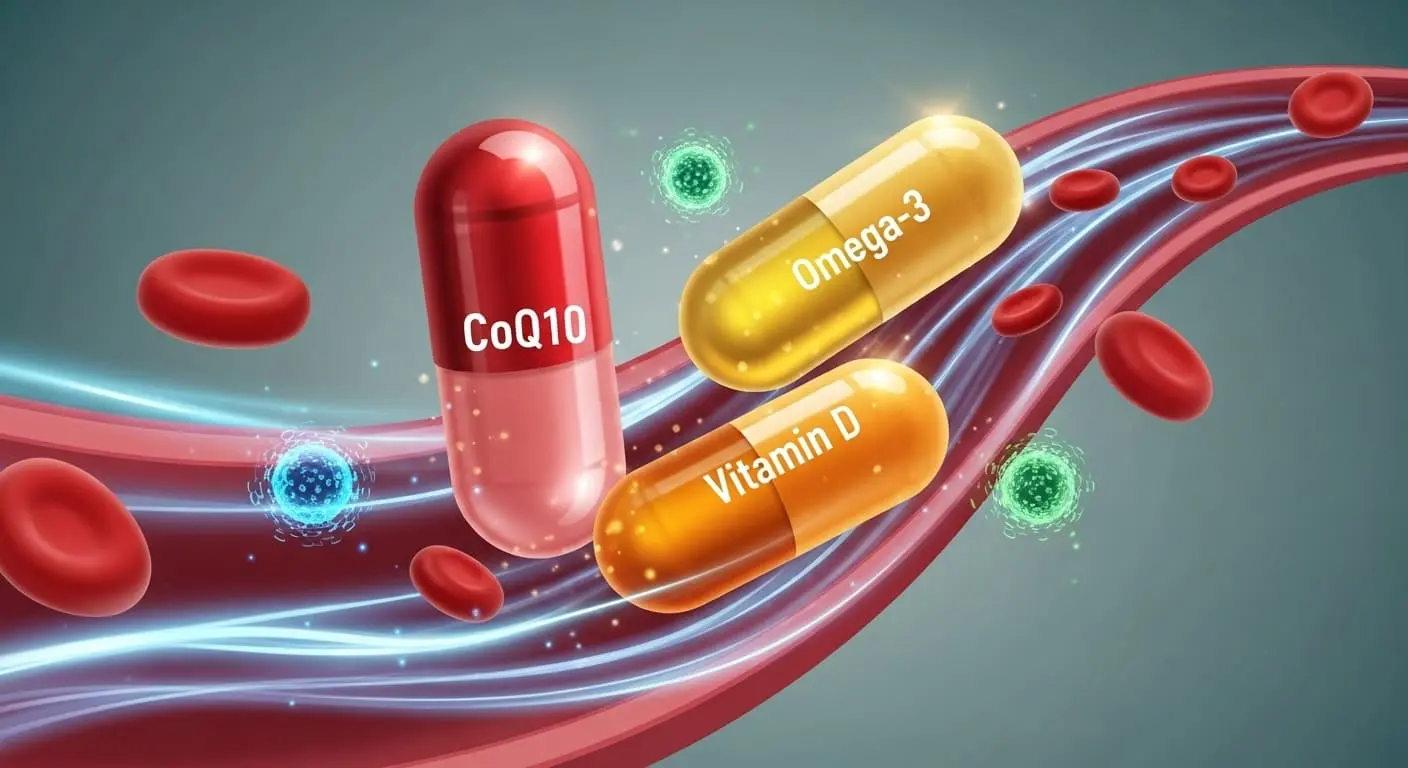혈액 속 코엔자임Q10, 오메가3, 비타민D 영양제 캡슐이 떠다니며 혈액 순환을 돕는 모습