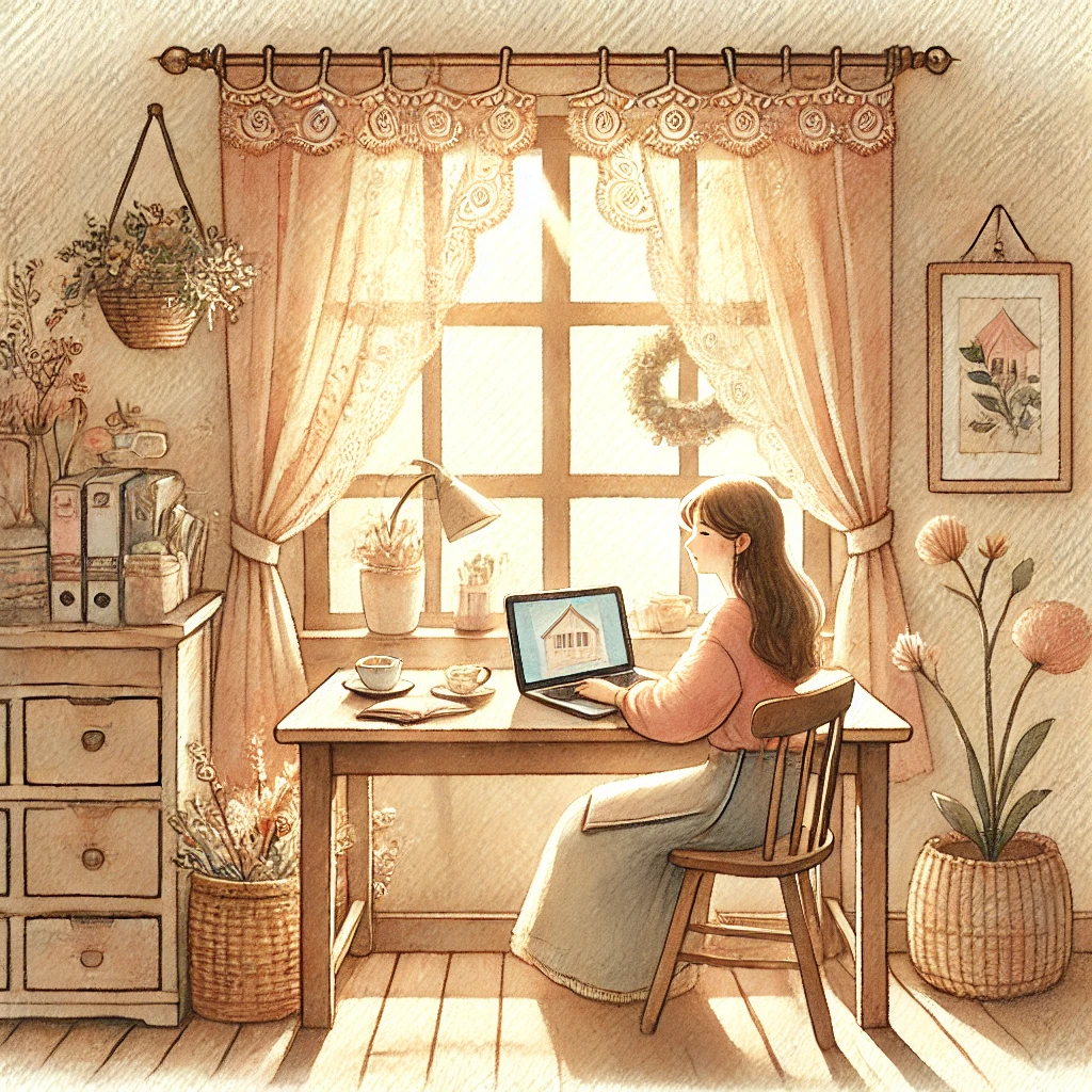 햇볕이 드는 창가에서 글쓰는 여자모습