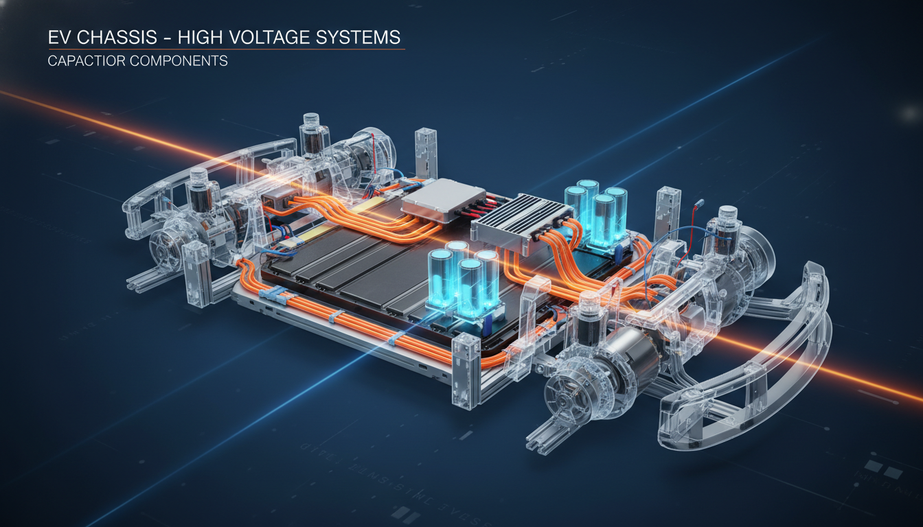 전기차 내부 구조도 및 전장용 콘덴서가 위치한 배터리/모터 시스템 투시도