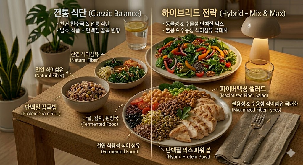 전통식단 vs 하이브리드 (단백질믹스, 파이버맥싱, 지속가능성)