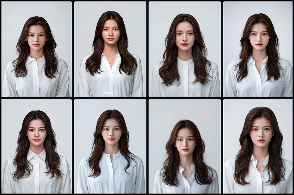 인물 설계 실험, 문장형, 순수하고 차분한 아우라를 풍기는 감성 키워드를 포함하여 생성한 한국 여성 모델의 프로필 포트레이트 모음_Midjourney