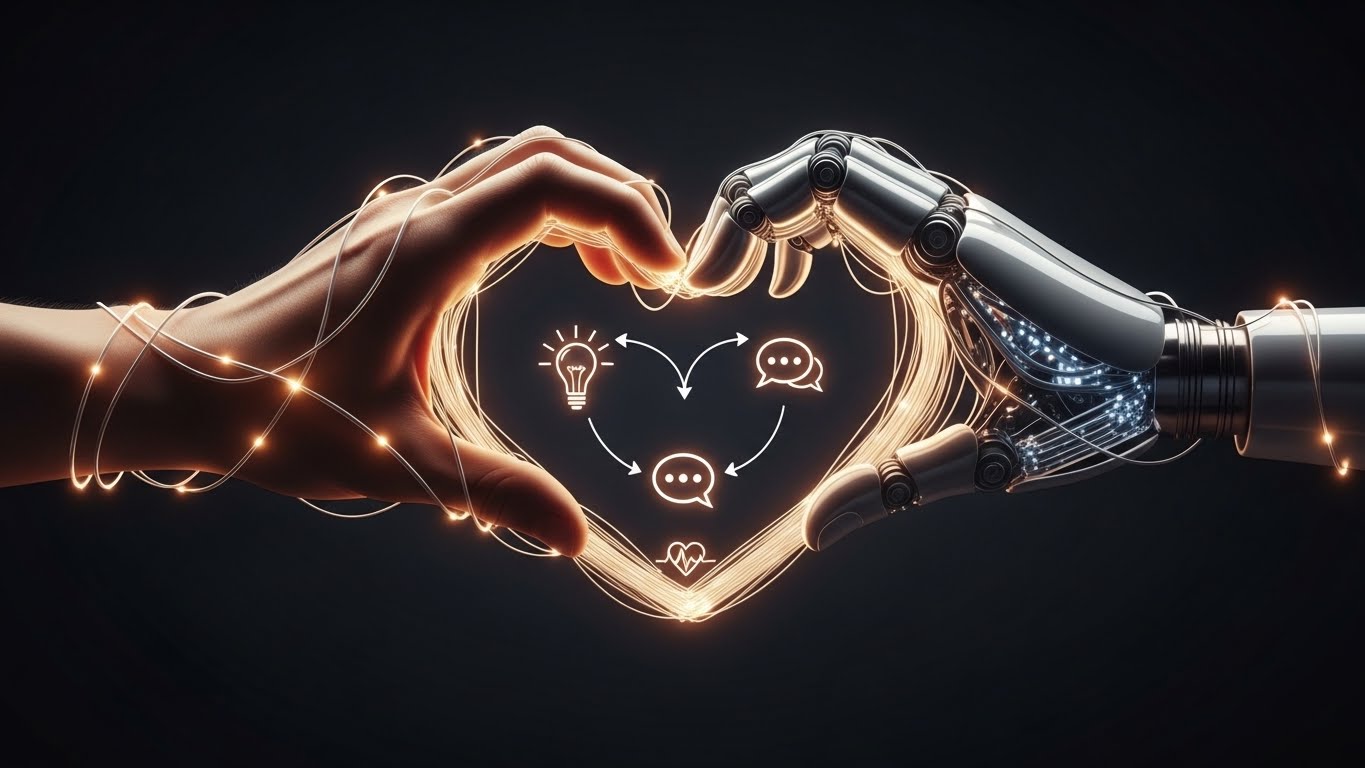 인간과 로봇의 손이 만나 감성과 협업의 가치를 형성하는 모습을 표현한 3D 그래픽