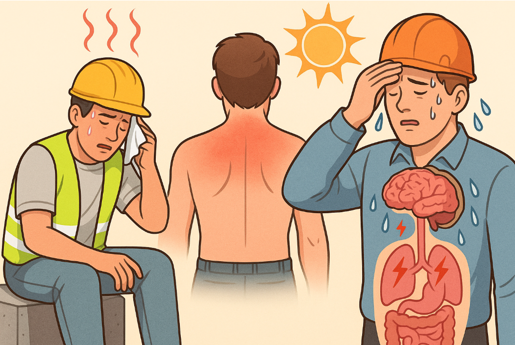열사병, 화상, 탈진 증상을 보여주는 근로자 일러스트