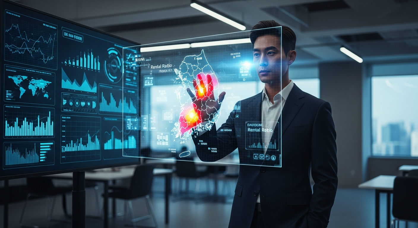 현대적인 사무실에서 한국의 전세가율 높은 지역이 붉은색과 주황색으로 표시된 공중에 떠 있는 3D 홀로그램 지도를 분석하고 있는 젊어 보이는 중년의 한국 남성 분석가. 뒤쪽 화면은 검은색이며 빛나는 데이터 차트가 있음. 영화 같은 조명, 8k 해상도, 실사.